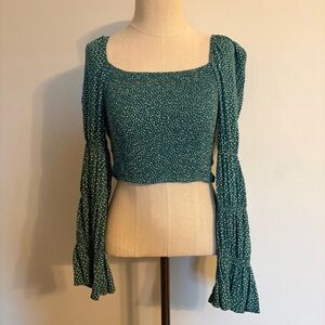 Blue Rain Green Polka Dot Square-Neck Smocked Crop Top